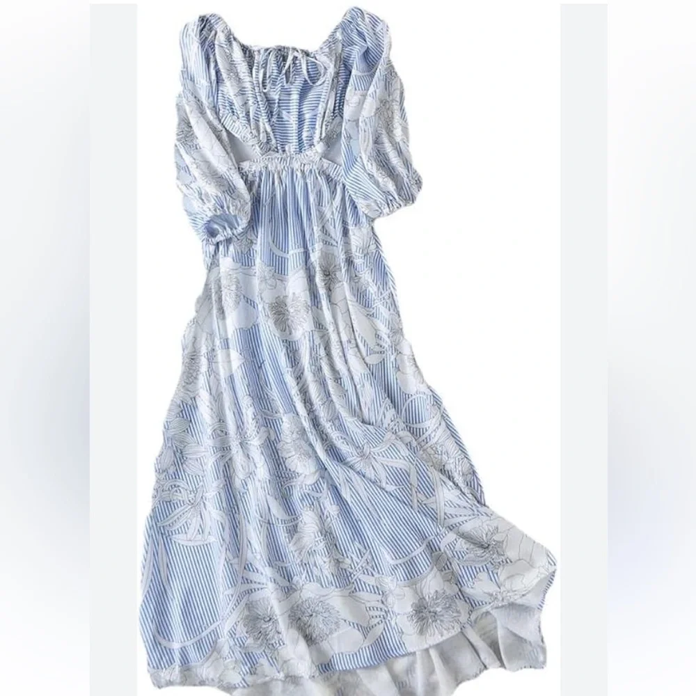 Chicwish Stripe Floral Open Back Long Sleeve Small Blue White Maxi Dress - Picture 2 of 4